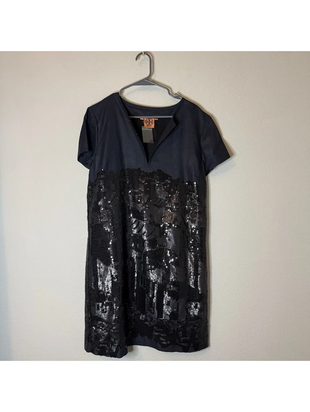 Tory Burch Women’s Size 14 Navy Sequin Shift Dress Short Sleeve Lined Cocktail